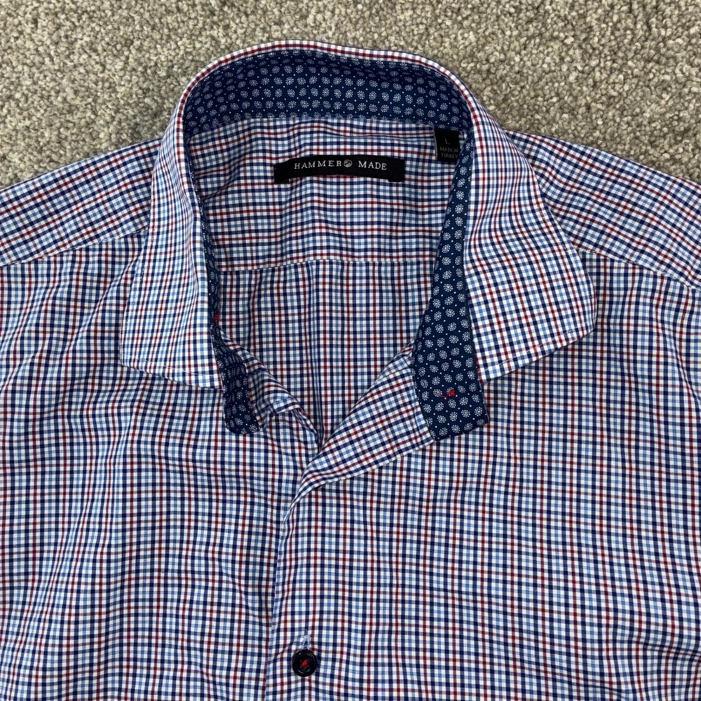Hammer Made Mens Large White Blue Gingham‎ Short Sleeve Button Up Shirt Preppy